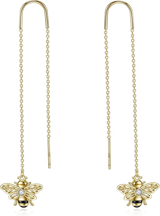 Sterling Silver 18K Gold Plated Bee Threader Dangle Earrings - Bumble Bee Pull Through Chain Jewelry Gifts for Women