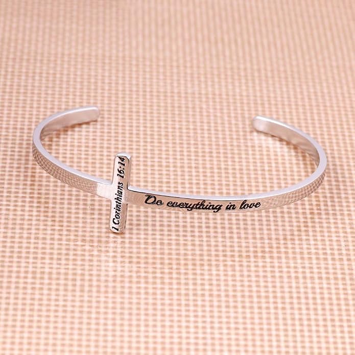 M MOOHAM Cross Bracelet - Christian Gifts for Mom Daughter Friends Teacher Women - Engraved Quote Religious Cuff Bangle Bible Verse Confirmation Baptism Gifts