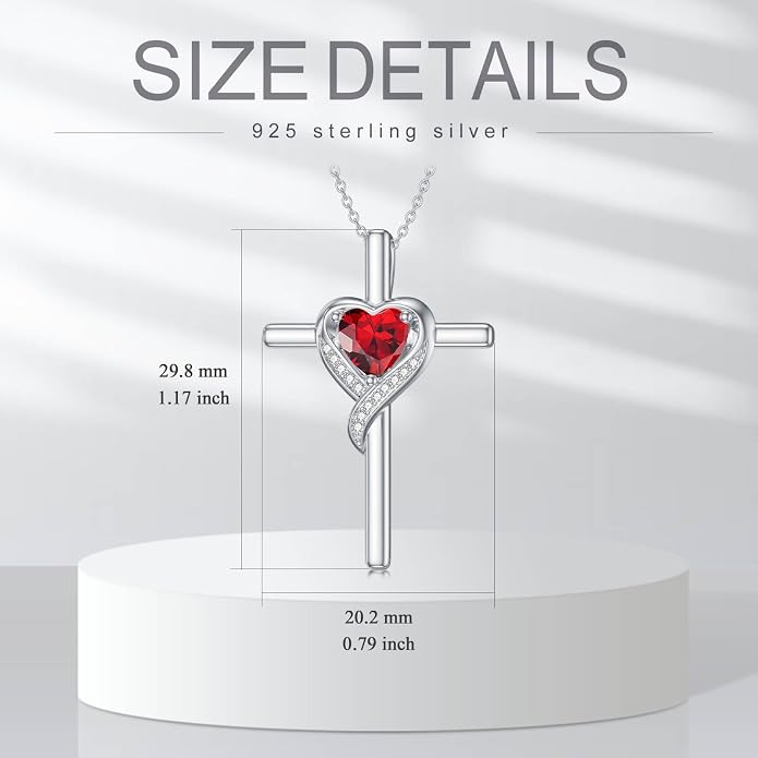 TOUPOP Birthstone Cross Necklace for Women 925 Sterling Silver Heart Cross Pendant Necklace Mothers Day Birthday Jewelry Gifts for Mom Wife Her