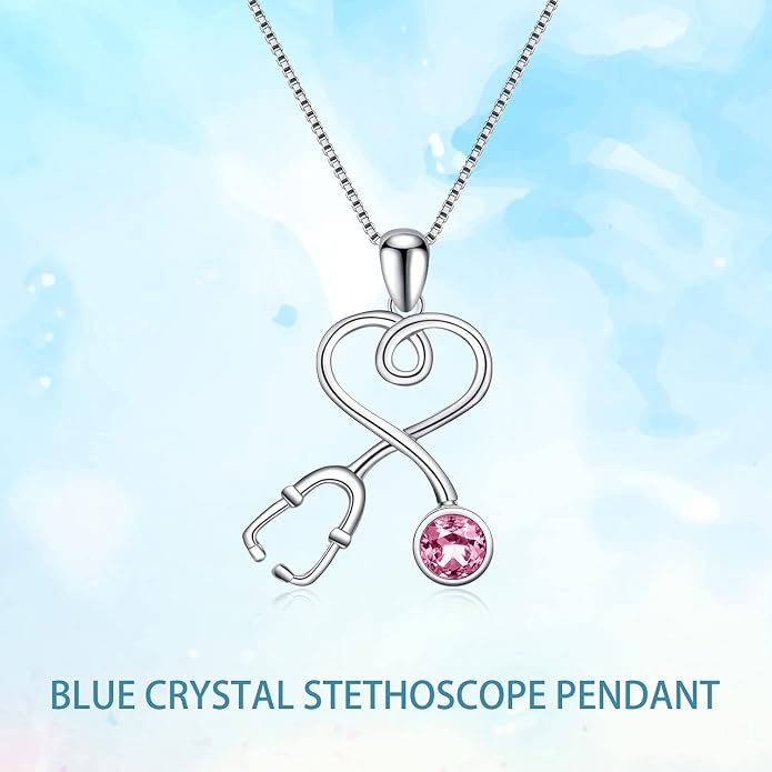 AOBOCO Stethoscope Necklace 925 Sterling Silver Embellished with 12 Months Birthstone Crystals from Austria, Graduation Gifts Medical Jewelry for Doctor Nurse Medical Student RN