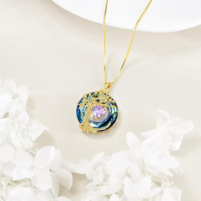 POPLYKE Mothers Day Gifts for Mom Her Wife Tree of Life Necklace 925 Sterling Silver Birthstone Pendant with Crystal Anniversary Birthday Wedding Jewelry for Women