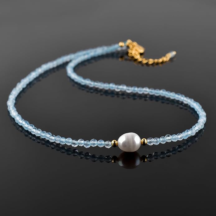InfinityGemsArt Gemstone Gold Necklace For Women, Birthstone Natural Crystal Stone With Freshwater Pearl Beaded Jewelry, Gold Plated 18 Inch Chain