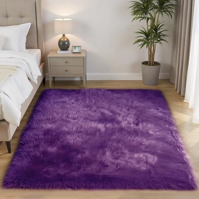 Goolela Purple Area Rug 5x7 Fluffy Fuzzy Furry Carpet for Bedroom Living Room Faux Sheepskin Fur Shaggy Plush Soft Washable Rectangle
