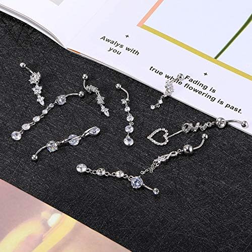 Yaomiao 18 Pcs 14G Stainless Steel Belly Button Ring Rhinestone Heart Dangle Belly Button Rings for Women
