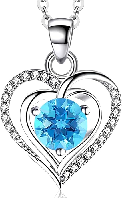 RIVIKO Heart Birthstone Pendant Necklace for Women 925 Sterling Silver Zirconia Necklaces Valentine's Day Anniversary Birthday Mothers Day Jewelry Gifts For Her Mother Wife
