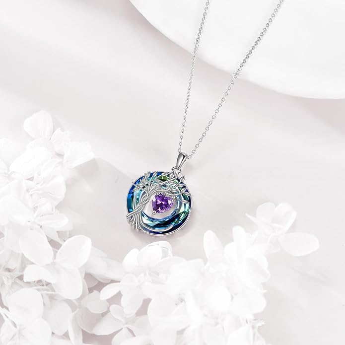 POPLYKE Mothers Day Gifts for Mom Her Wife Tree of Life Necklace 925 Sterling Silver Birthstone Pendant with Crystal Anniversary Birthday Wedding Jewelry for Women