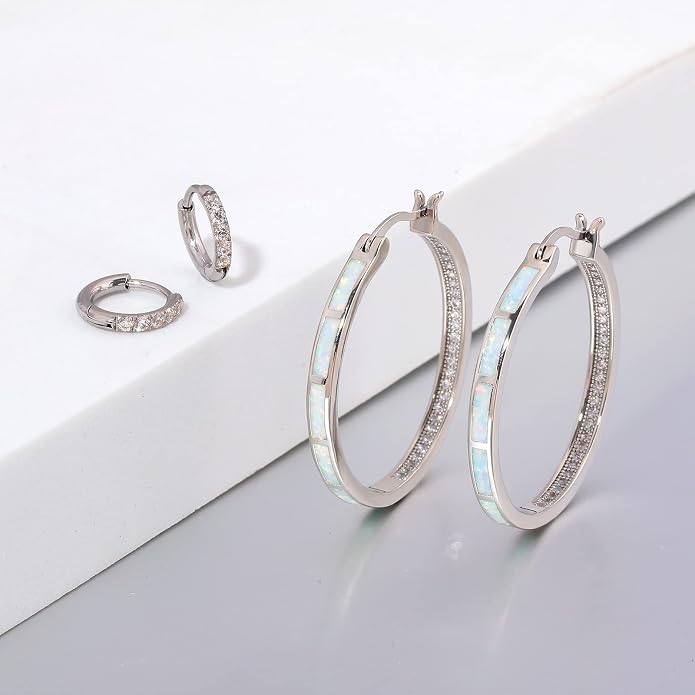 CiNily Opal Hoop Earrings,Women Jewelry Rhodium Plated/Rose Gold or Yellow Gold Plated Gemstone Big Hoop Earrings 32mm