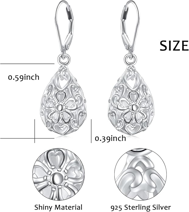 925 Sterling Silver Filigree Dangle Drop Earrings Daisy/Lotus/Rose Flower/Moonstone Leverback Teardrop Earrings for Women Infinity Celtic Knot Daisy Lotus Jewelry for Mothers Day