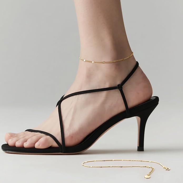 14K Gold Anklets for Women Gold Ankle Bracelets for Women Cuban Chain with Spaced Tiny Disc 11(9+2) Inches