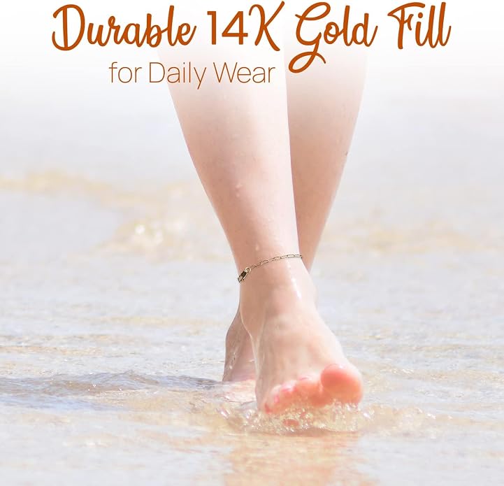 14K Gold Filled Anklet for Women – Figaro & Cable Chain Gold Ankle Bracelet, Waterproof Non Tarnish Dainty Adjustable Anklets for Women, Hypoallergenic Summer Beach Foot Jewelry, Mothers Day Birthday Gift for Women