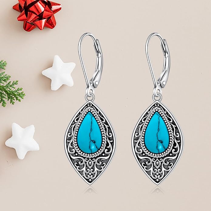 Turquoise Earrings for Women Sterling Silver Dangle Earrings Filigree Jewelry Drop Leverback Mothers Day Gift