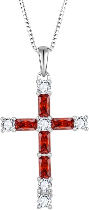 Birthstone Cross Necklace for Women 925 Sterling Silver Christian Religious Crucifix Pendant Rectangular Cut Birthstone Jewelry Gifts for Her