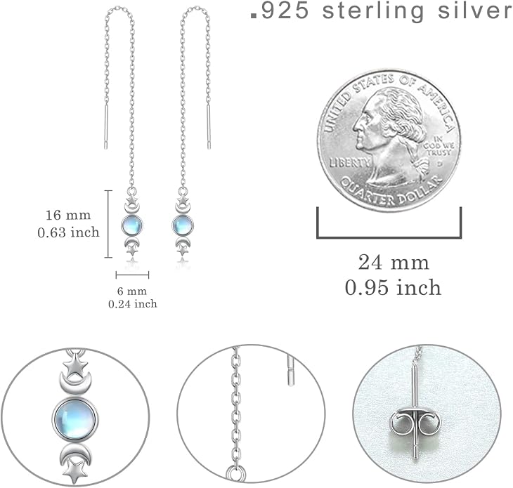Triple Moon Goddess Earrings 925 Sterling Silver Threader Earrings Drop Dangle Moonstone Earrings with Long Chain Birthday Jewelry Gifts for Women