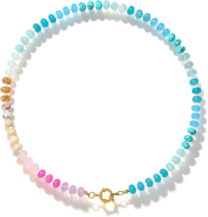 LALAPPLE Colorful Beaded Gemstone Necklace for Women, Boho Rainbow Bead Choker with Natural Stone Crystal Beads, Handmade Summer Beach Necklace Jewelry