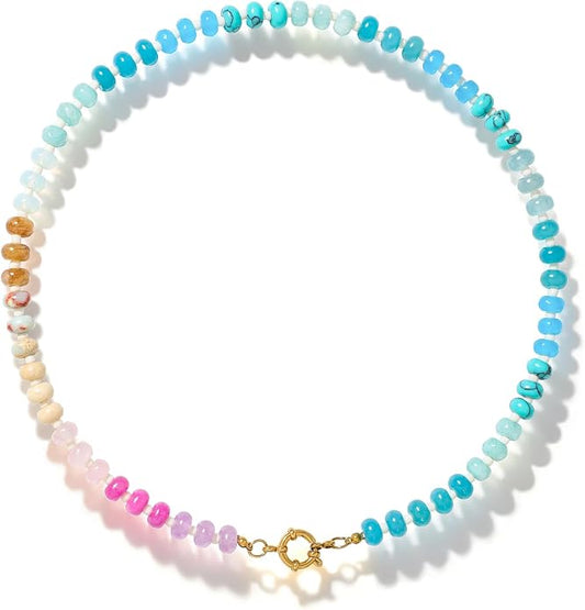 LALAPPLE Colorful Beaded Gemstone Necklace for Women, Boho Rainbow Bead Choker with Natural Stone Crystal Beads, Handmade Summer Beach Necklace Jewelry
