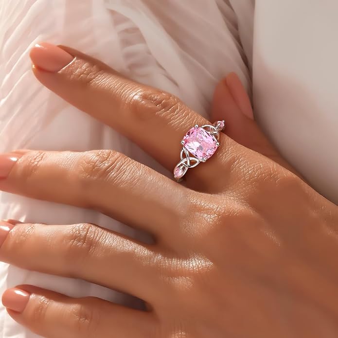 925 Sterling Silver Birthstone Rings for Women Cushion Cut Engagement Celtic Knot Ring Irish Jewelry Created Gemstone Anniversary Rings Size 6-10(with Box)