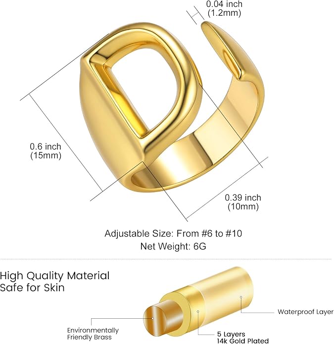 KeyStyle Bold Initial Letter Rings Adjustable, GoldChic Jewelry Women Gold Statement Ring Personalized Engraved Women’s Open Signet Ring for Party (Gold, White Gold, Black)