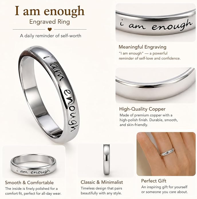 I Am Enough Ring for Women, Mantra Engraved Love Hope Brave Inspirational Gift Card Kind Statement Birthday Anniversary Jewelry