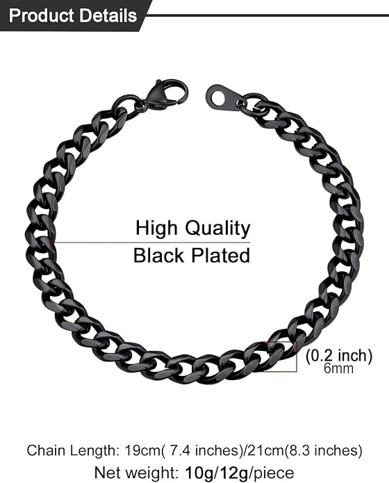 U7 Link Bracelets for Men, Cuban Link/Rope/Watch Band Solid Bracelet, Silver Black Gold Color Wrist Bracelet 3/6/9/12/15mm Width, 6.5/7.5/8.3 Inch Length, Hand Chain Jewelry for Mens Women