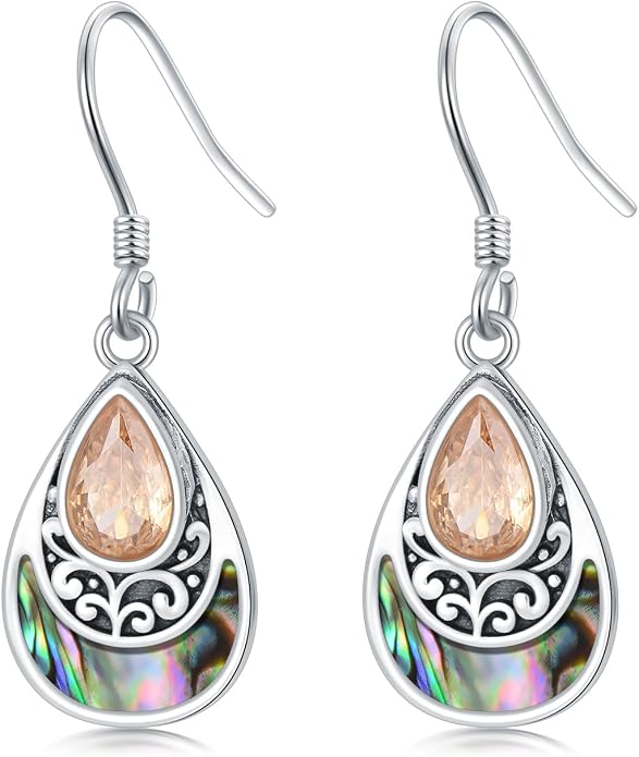 PELOVNY 925 Sterling Silver Filigree Dangle Earrings Hypoallergenic Abalone/Cubic Zirconia/Moonstone Earrings Vintage Jewelry Christmas Birthday Gifts for Women Mom Her