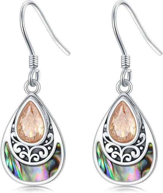 PELOVNY 925 Sterling Silver Filigree Dangle Earrings Hypoallergenic Abalone/Cubic Zirconia/Moonstone Earrings Vintage Jewelry Christmas Birthday Gifts for Women Mom Her