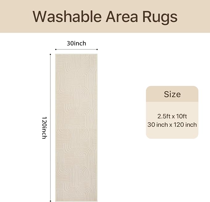 GENIMO Soft 2'6''x10' Washable Runner Rug Non Slip, 3D Modern Arch Pattern Hallway Runner, High-Low Pile Textured Non Slip Carpet, Non-Shedding Stain Resistant Beige Rugs for Entryway Bedroom Laundry