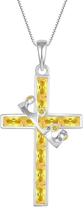 Gemstone Crown Cross Necklaces for Women, 925 Sterling Silver Rectangular cut Zircon Pendant With Rotated Crown Faith Cross Jewelry Gift