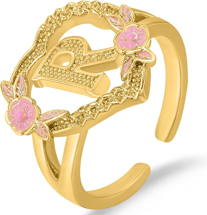 Gold Initial Rings for Women - Non Tarnish Dainty 14K Gold Plated Heart Adjustable Letter Rings for Women, Stackable Cute Thumb Pinky Fashion Open Simple Birthday Gifts Jewelry