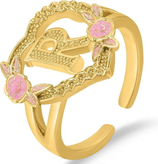 Gold Initial Rings for Women - Non Tarnish Dainty 14K Gold Plated Heart Adjustable Letter Rings for Women, Stackable Cute Thumb Pinky Fashion Open Simple Birthday Gifts Jewelry