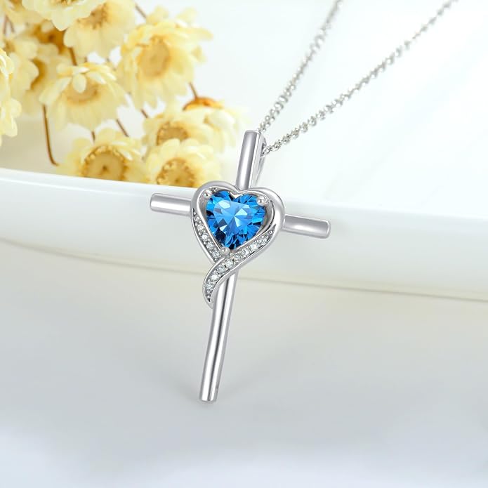 TOUPOP Birthstone Cross Necklace for Women 925 Sterling Silver Heart Cross Pendant Necklace Mothers Day Birthday Jewelry Gifts for Mom Wife Her
