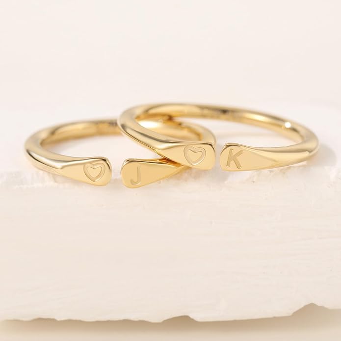 14k Gold Filled Hand Carving Initial Rings for Women Non Tarnish Wedding Heart Shaped Bands for Women