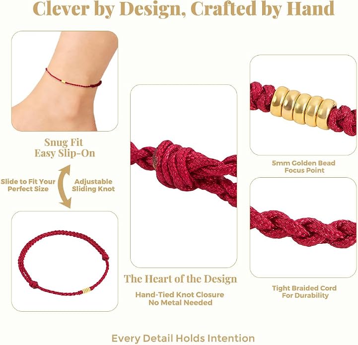 Handmade Sterling Silver Lucky Gold Bead Red Anklet Bracelet, Adjustable Kabbalah Braided Red String for Women Men Teen, Secure Sliding Knot Stays Put, Spiritual Minimalist Anklet Cord Jewelry for Good Luck Protection Talisman, Surfer Beach Red String ...