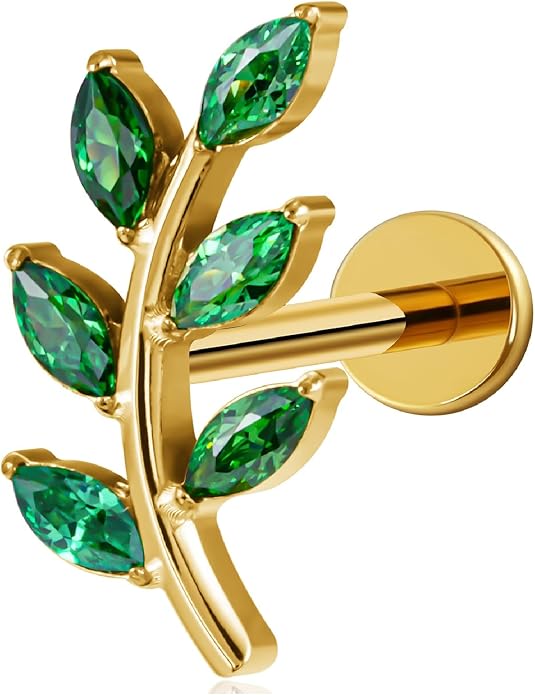 FINE4U 1PC Leaf Flat Back Stud Flat, Helix, Conch, Tragus 6mm 8mm - ASTM F136 Titanium Screw on Body Piercing Jewelry