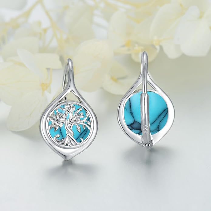 WINNICACA Leverback Earrings for Women 925 Sterling Silver Tree of Life Earrings Dangle Drop Turquoise Moonstone Moss Agate Heart Jewelry Gifts for Women Her Wife Anniversary Birthday Gifts