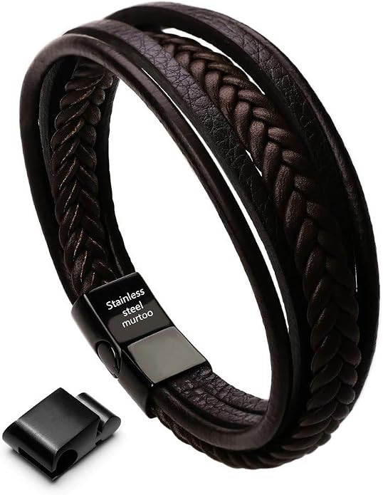 murtoo Mens Leather Bracelet with Clasp Cowhide Multi-Layer Braided Leather Mens Bracelet