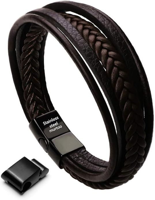 murtoo Mens Leather Bracelet with Clasp Cowhide Multi-Layer Braided Leather Mens Bracelet