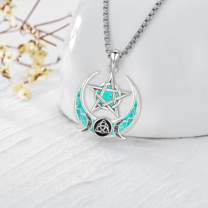 Pentagram Necklace Sterling Silver Triple Moon Goddess/Celtic Knot Witches Knot/Ankh/Sun and Moon/Hecate/Lilith/Santa Muerte/Tetragrammaton Pendant Necklace Pagan Wiccan Magic Egyptian Amulet Jewelry for Women Men
