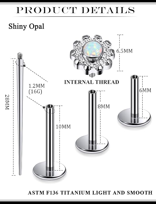 16G Astm F136 Titanium Internal Thread Flat Back Earrings Nose Studs Tragus Forward Helix Conch Cartilage Lobe Earrings Stud Medusa Labret Monroe Lip Ring Piercing Jewelry For Women Men