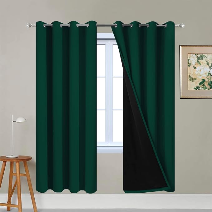 Yakamok Dark Green 100% Blackout Curtains 72 Inches Long 52" Wide 2 Panels | Blackout Curtain Panels for Bedroom, 2 Thick Layers Grommet Top Thermal Insulated Drapes with Black Liner for Living Room