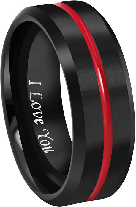 CROWNAL 6mm 8mm 10mm Thin Red Groove Black Brushed Tungsten Carbide Wedding Band Ring Comfort Fit Engraved I Love You Size 5 To 17