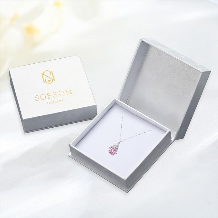 925 Sterling Silver Birth Flower Necklace with Teardrop Shaped Birthstone - 12 Colors, 12 Kinds of Flower - Ideal Birthday Jewelry Gift for Women, Mothers, Daughters & Wives