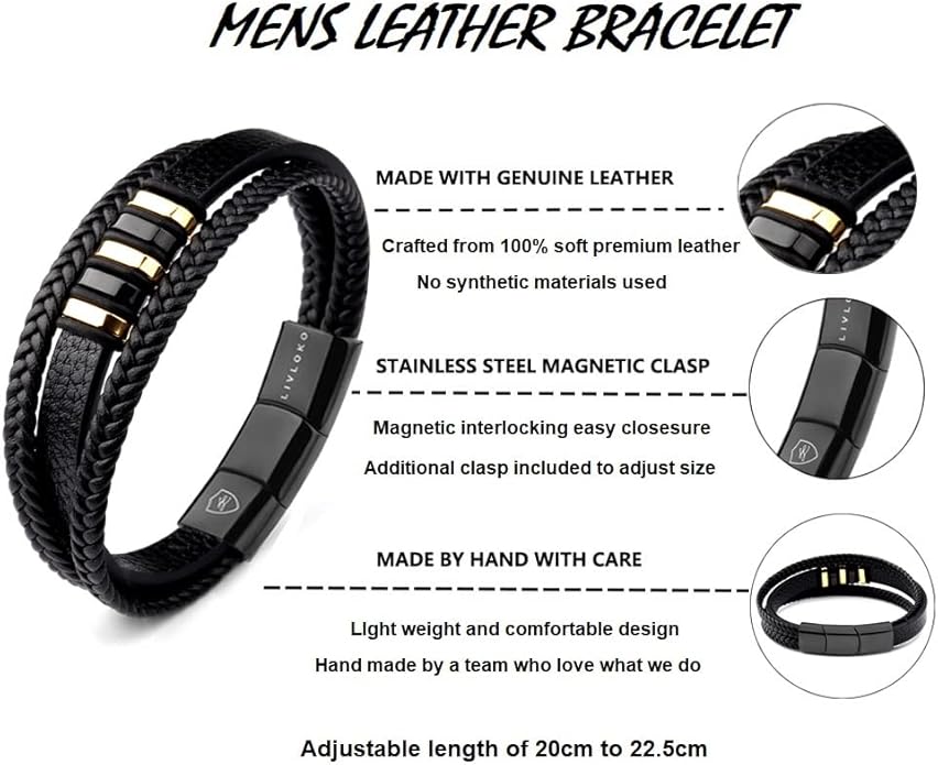 LONDON Mens Bracelet Leather Black Multi-Layer Stone Beads Adjustable Steel Clasp Viking Rope Bands Surfer Man Wristband Male UK Jewellery Gift box Boyfriend Dad Son Brother Tiger Eye