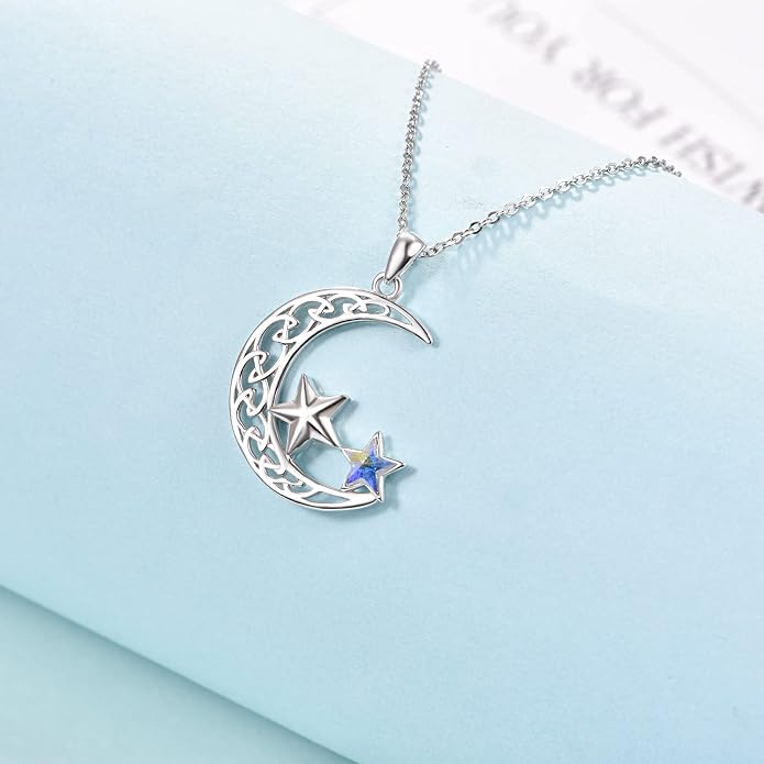 Palpitate Moon Star Necklace Moon Phase Necklace Pendant 925 Sterling Silver Jewelry Christmas Gifts for Women Wife Her Adjustable Chain