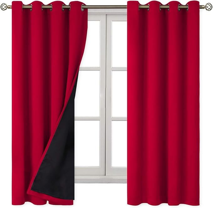 BGment Christmas 100% Blackout Curtains Thermal Insulated with Liner for Living Room Decoration - Grommet Double Layer Energy Saving Bedroom Curtain Drapes (52 x 63 Inches, Red, 2 Panels)