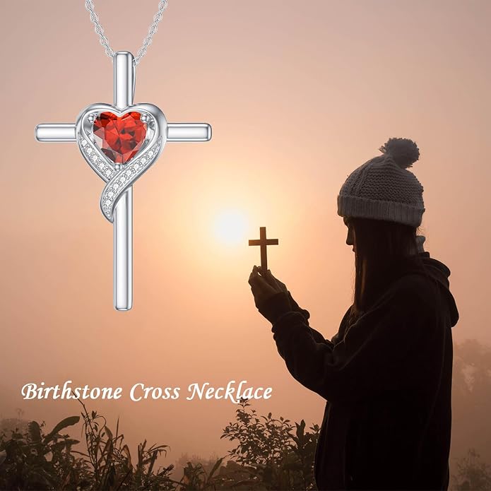 TOUPOP Birthstone Cross Necklace for Women 925 Sterling Silver Heart Cross Pendant Necklace Mothers Day Birthday Jewelry Gifts for Mom Wife Her