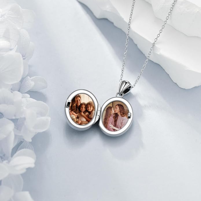 CRMAD Opal/Moonstone/Turquoise Locket Necklace for Women Sterling Silver Oval-Shaped Opal Locket Pendant Holds Pictures Always with You Vintage Style Photos Locket Jewelry Gifts for Loved One