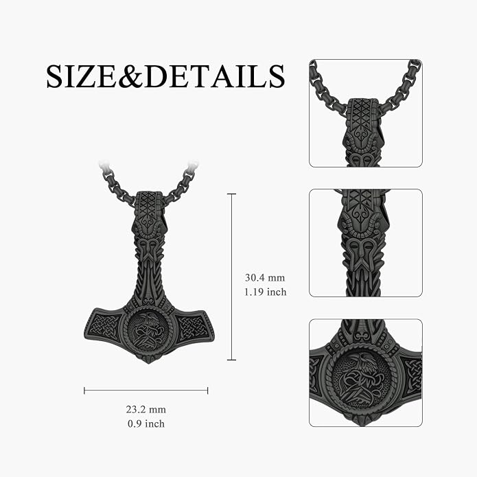 PROESS Thors Hammer Necklace Sterling Silver Celtic Knot Wolf/Lion/Raven Necklace Viking Mjolnir Pendant Jewelry for Men