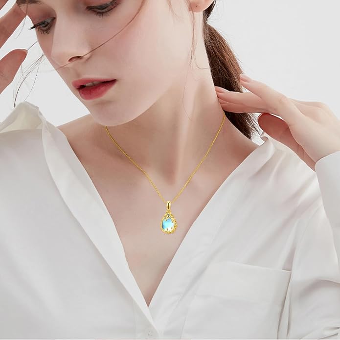 Teardrop Moonstone/Turquoise Necklace for Women 925 Sterling Silver Cage Filigree Necklaces Anniversary Birthday Jewelry Gift for Women