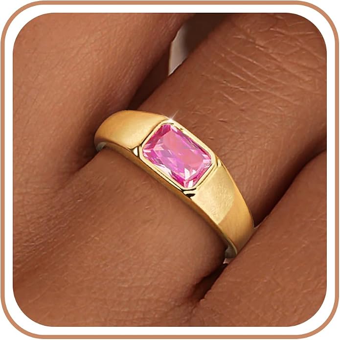 Birthstone Gold Rings for Women Non Tarnish 14K Gold Plated Chunky Emerald Rings Thumb Signet Statement Dainty CZ Band Ring Unique Waterproof Cute Jewelry Gift for Birthday Size 6-10