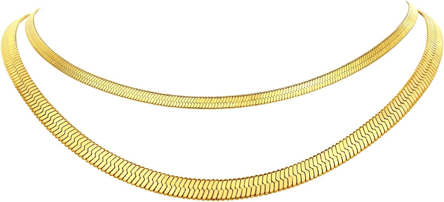 FindChic Black/14K Gold Plated Herringbone Choker Chain Necklace for Women | Waterproof Stainless Steel, Dainty Layering, Flat Snake Chain, Non-Tarnish, Hypoallergenic, Adjustable Extender, Gift Box